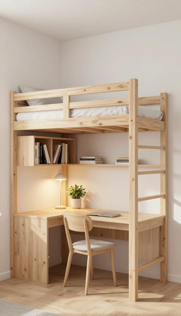 Bright small bedroom with a light wood double deck loft bed and a built-in study nook underneath, including a mounted desk, wall shelves, and a task lamp in a light neutral palette
