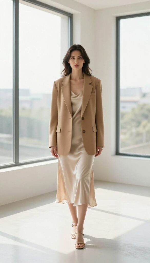 Woman in camel blazer and silk slip dress, elegant old money style outfit