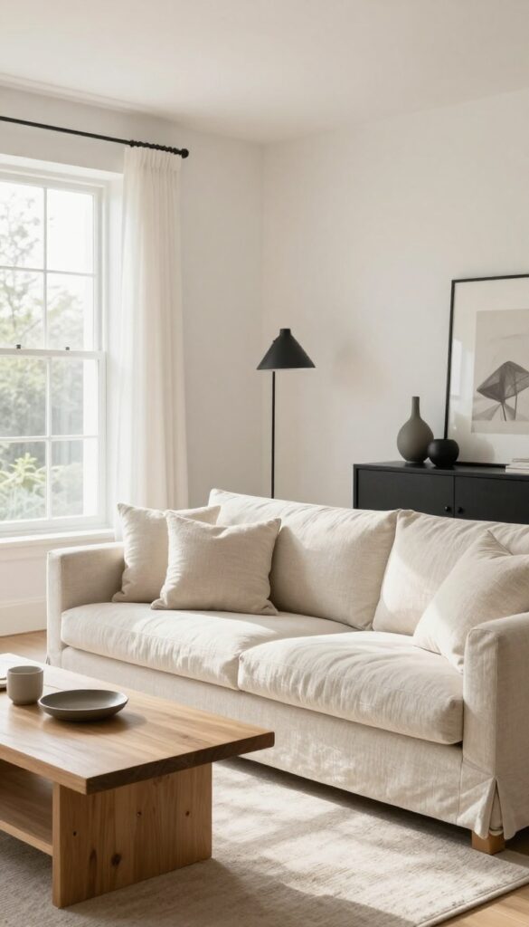 Bright living room with warm white walls, natural wood furniture, and black accent decor in a clean modern minimalist style.