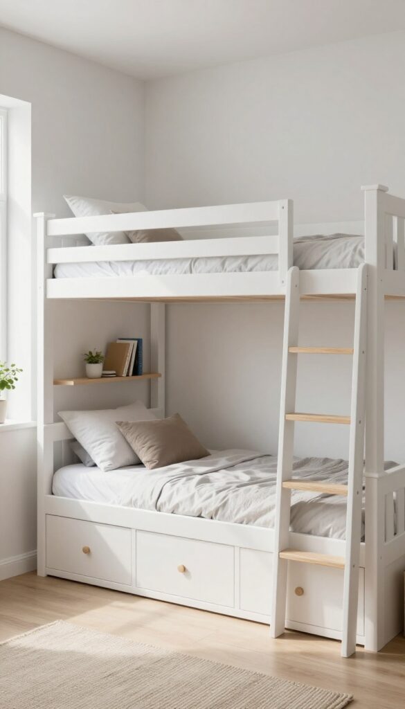 Built-in white bunk beds with deep storage drawers underneath and an integrated ladder in a bright boys' bedroom with neutral bedding and natural light.
