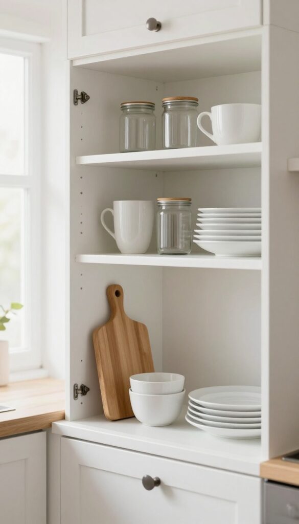Small bright kitchen with one upper cabinet converted into styled open shelving holding white dishes, neutral mugs, clear jars, and a wood cutting board while other cabinets keep their doors