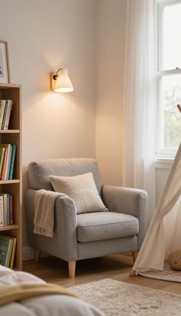Cozy reading nook corner in a boy's bedroom with a small armchair, low bookshelf, warm lamp, and canopy tent over soft cushions