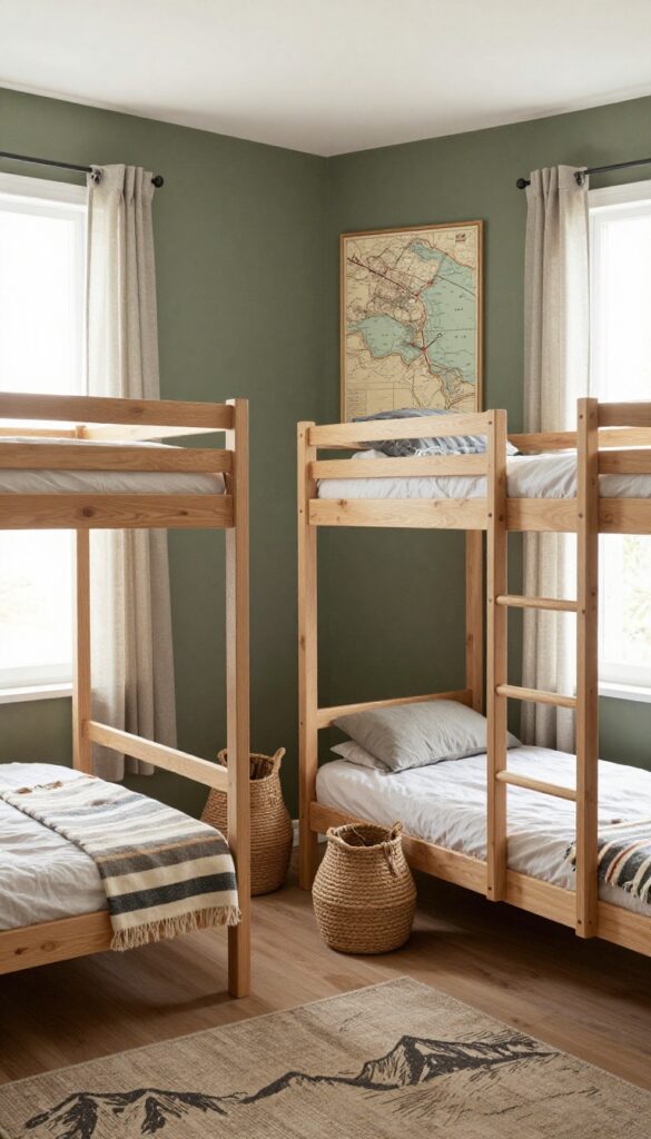 Bright modern boys bunk bed room with a subtle adventure theme, neutral wood bunk beds, muted green and tan tones, vintage map wall art, striped blankets, and natural light