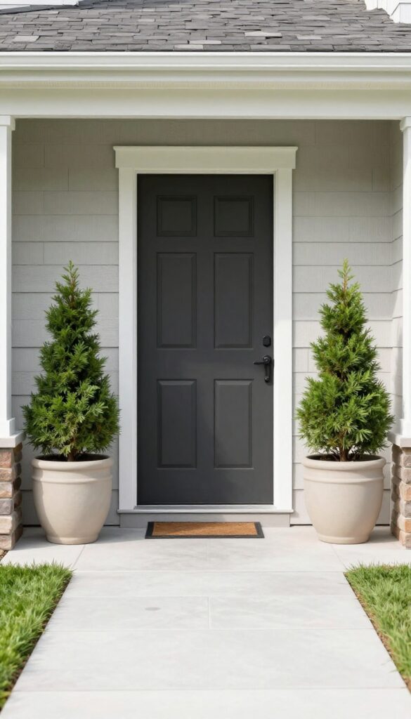 Symmetrical front entry with matching planters and evenly trimmed evergreen shrubs on both sides of the door in bright natural light