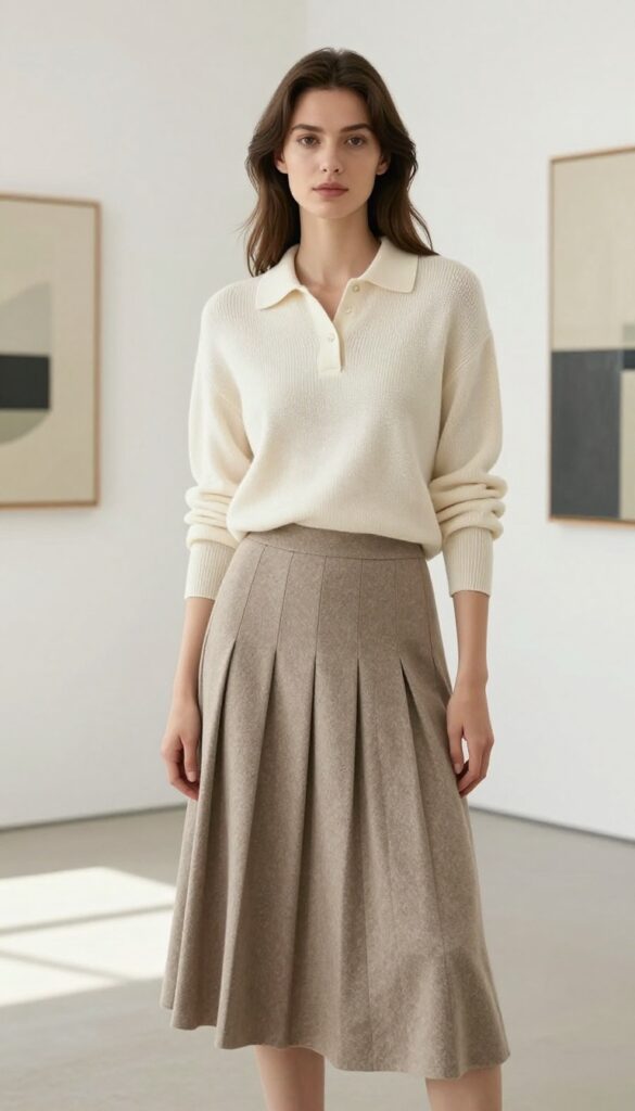 Woman wearing a cream knit polo tucked into a beige pleated midi skirt, standing in a bright art gallery, old money casual style