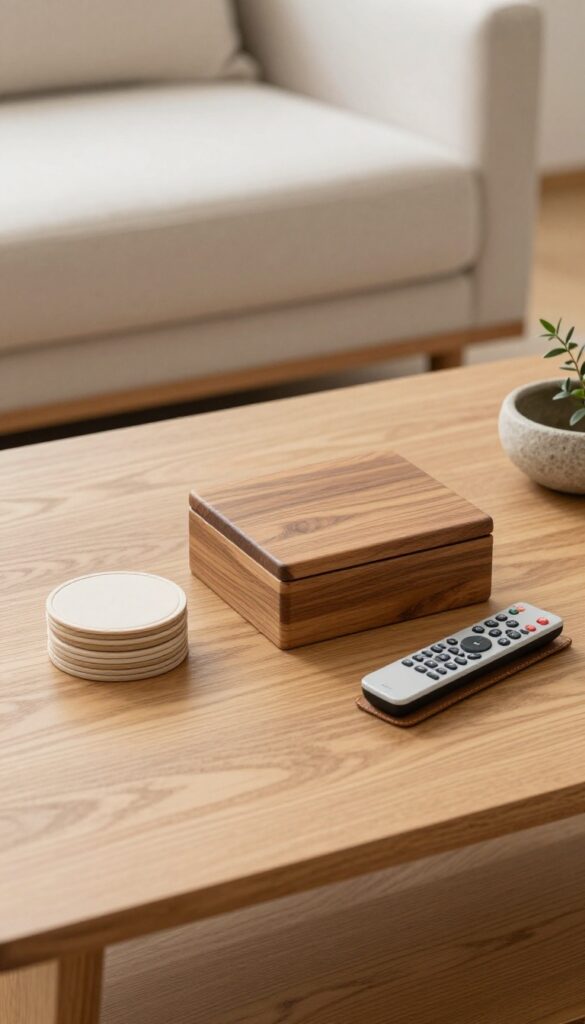 Styled living room coffee table with a wooden decorative box, stacked coasters, and a remote on a leather tray in bright natural light