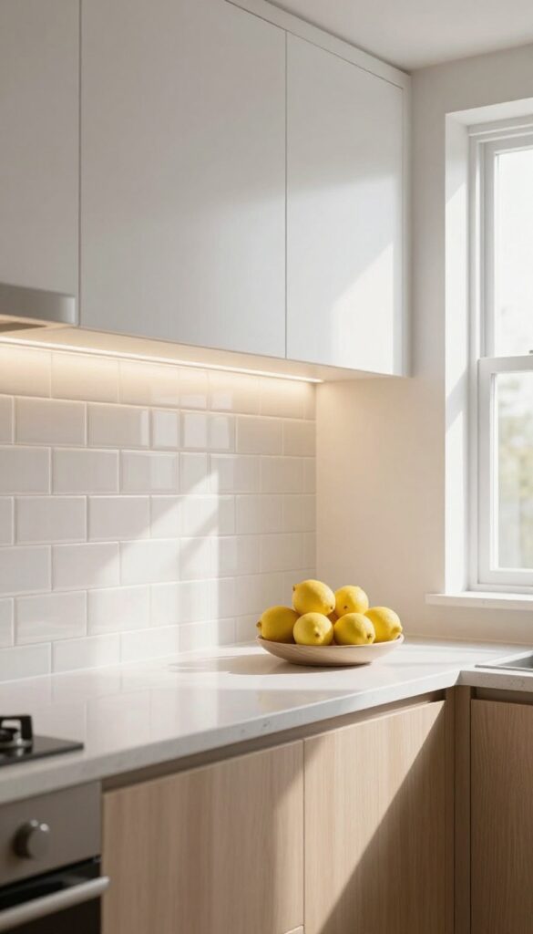 Narrow kitchen with a glossy light subway tile backsplash reflecting under-cabinet lighting, making the small space feel brighter and deeper