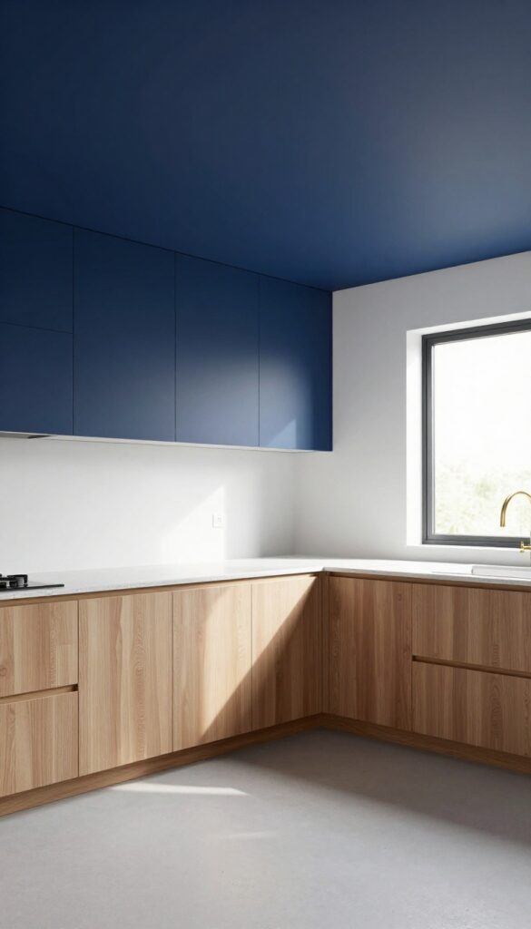 Modern kitchen with a bold deep navy blue painted ceiling contrasting with neutral white walls and light wood cabinets, bright natural light.
