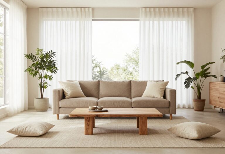 Elegant living room with a taupe sofa styled with warm wood furniture and bright natural light
