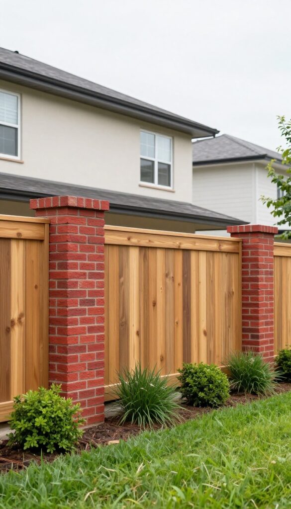 Front yard fence with red brick pillars and horizontal cedar wood panels in bright natural daylight