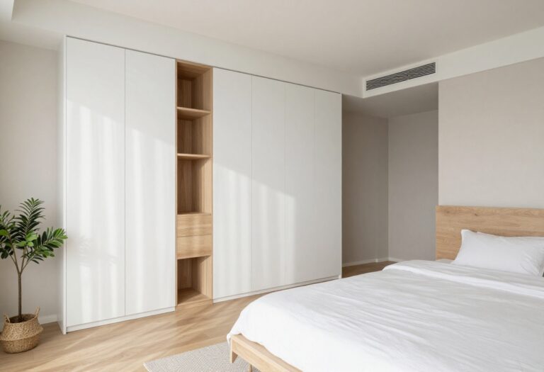 Bright modern bedroom with a floor-to-ceiling built-in white and light oak cupboard wall, open shelving, neutral bedding, and natural light