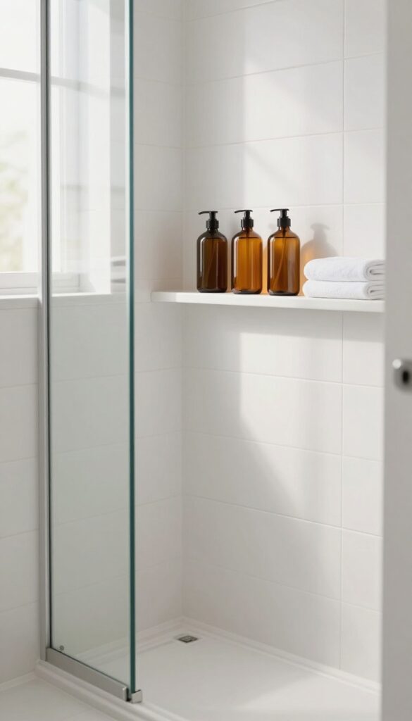 Minimal small shower with a few matching unmarked amber bottles neatly arranged on a shelf in bright natural light