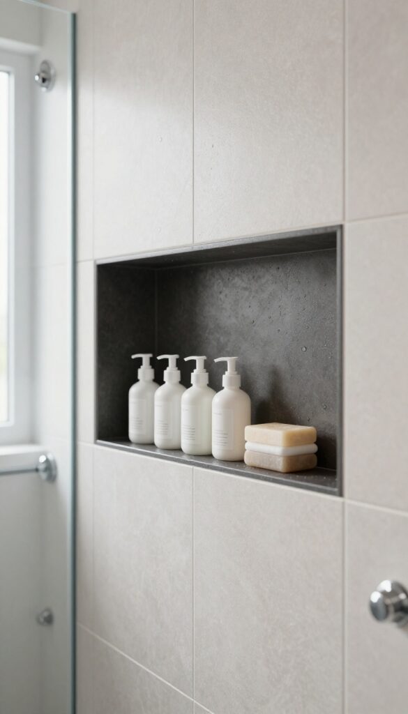 Modern walk-in shower with a long built-in tiled niche holding neatly arranged unbranded toiletries in bright natural light