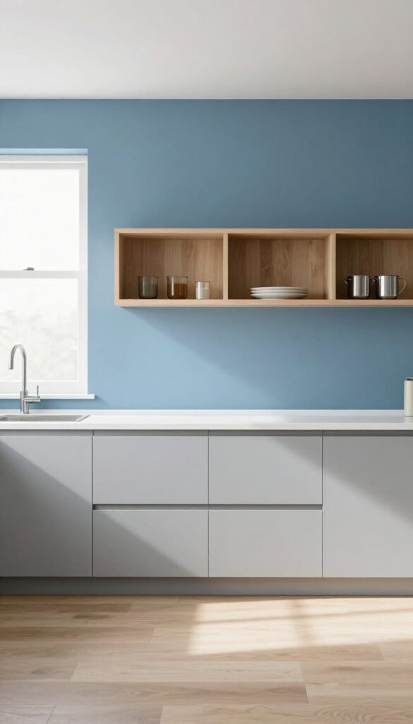 Bright modern kitchen with grey and blue color-blocked walls split horizontally, simple grey cabinets, white countertop, and natural light.