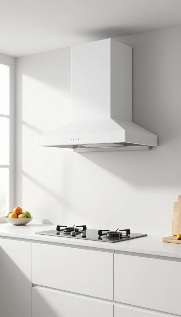Minimalist floating range hood cover in a bright modern kitchen with smooth matte white surfaces and clean open space around the hood.
