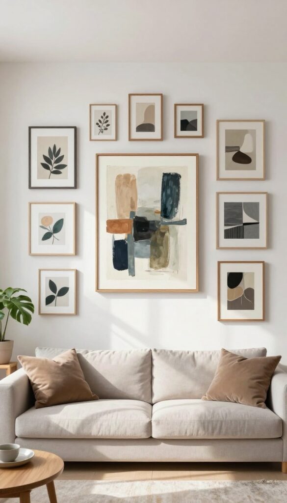Bright living room gallery wall with one large oversized artwork anchoring an eclectic mix of smaller framed pieces in varied wood, metal, and canvas frames, above a neutral sofa with layered pillows and a potted plant in natural light.