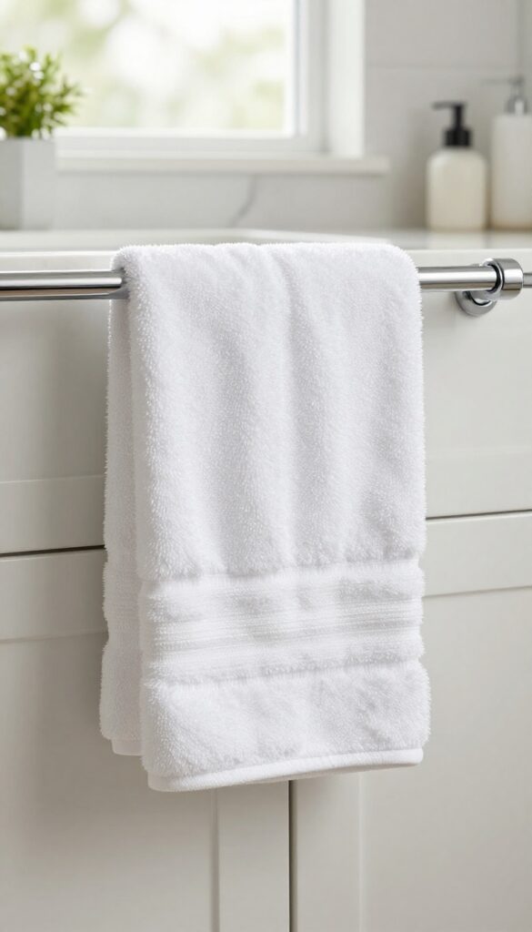 A plush white hand towel neatly folded lengthwise into thirds and draped over a chrome towel bar in a bright modern bathroom, with crisp lines and natural light.