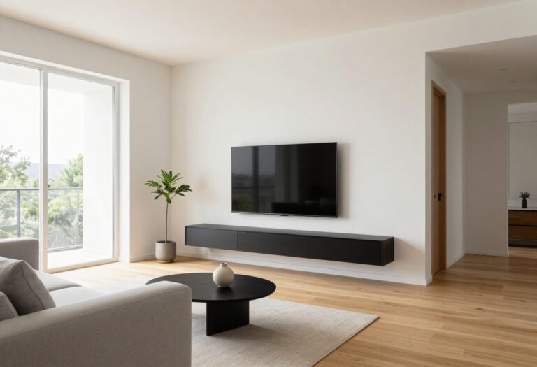 Sleek modern small living room with a floating wall-mounted media console, light oak floors, and bright natural light