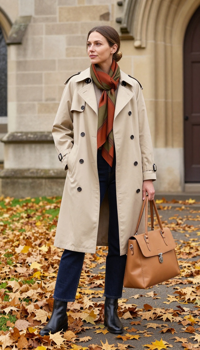 15. Trench Coat, Straight Jeans, and a Silk Scarf