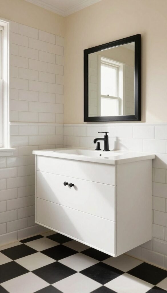 Retro bathroom with black-and-white checkerboard floor tile, white subway walls with dark grout, and a black-framed mirror in bright natural light