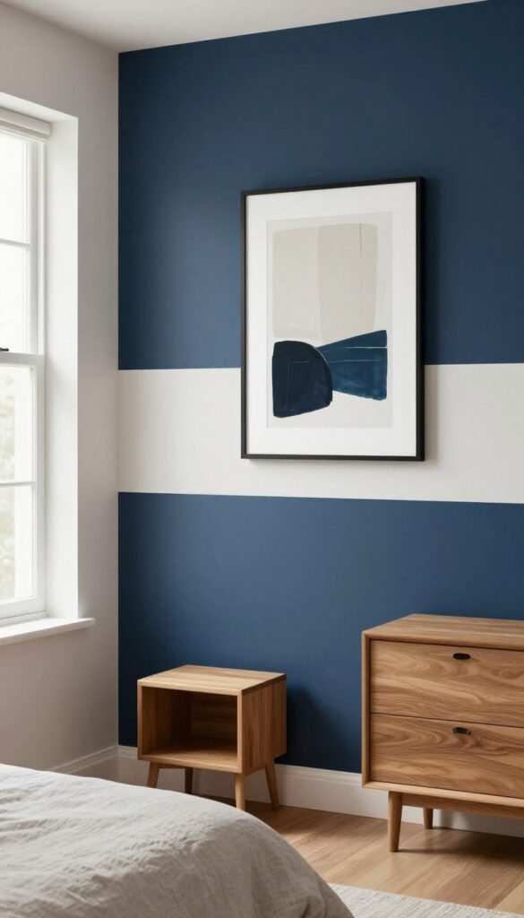 Modern small bedroom with two-tone walls, dark navy blue on the lower half and light neutral white on the upper half, with a crisp horizontal paint line, simple bed, and bright natural light.