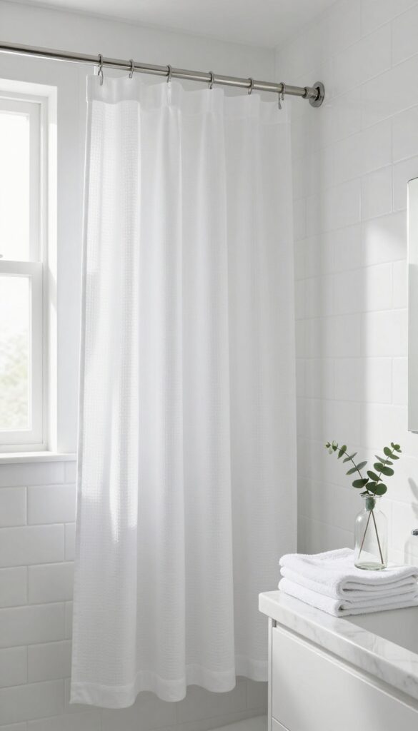 Bright minimal bathroom with a textured white waffle shower curtain on simple chrome hardware, natural light, clean and airy styling.