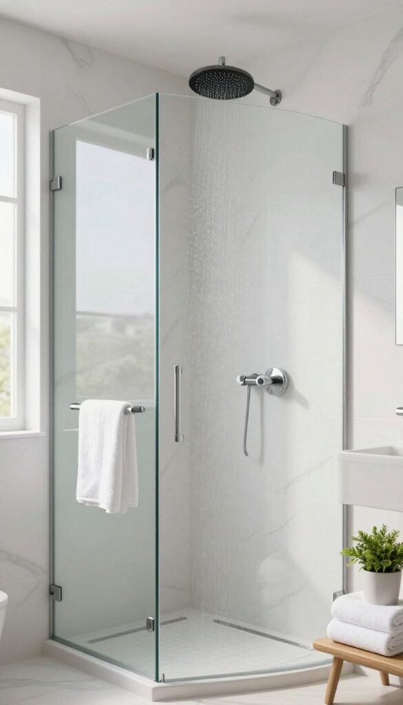 Bright modern bathroom with a frameless glass shower enclosure, marble-look tile, chrome hardware, and natural daylight highlighting the open airy space.