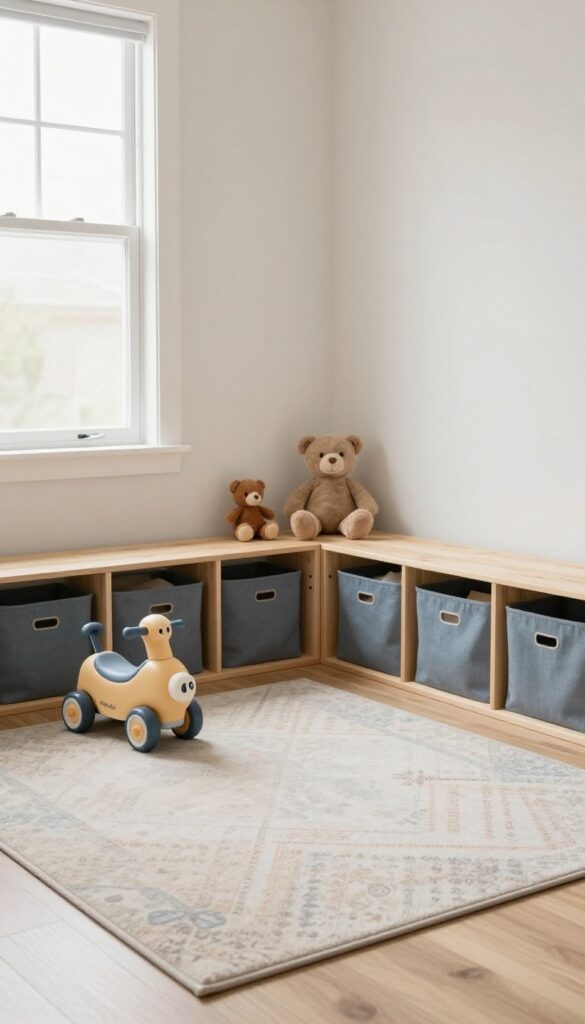 Bright toddler boy bedroom corner with a soft rug defining a tidy play zone, low shelves with matching fabric bins, and large toys contained in one area