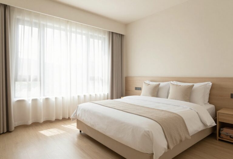 Bright guest bedroom with layered white bedding, a light throw at the foot of the bed, and a wooden luggage bench holding a suitcase in natural morning light