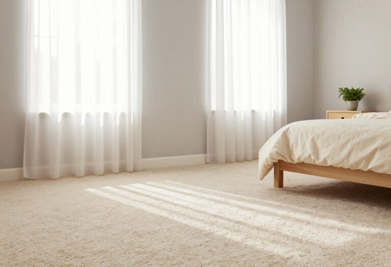Cozy bedroom with soft plush beige carpet and bright natural light, styled for a warm and inviting feel