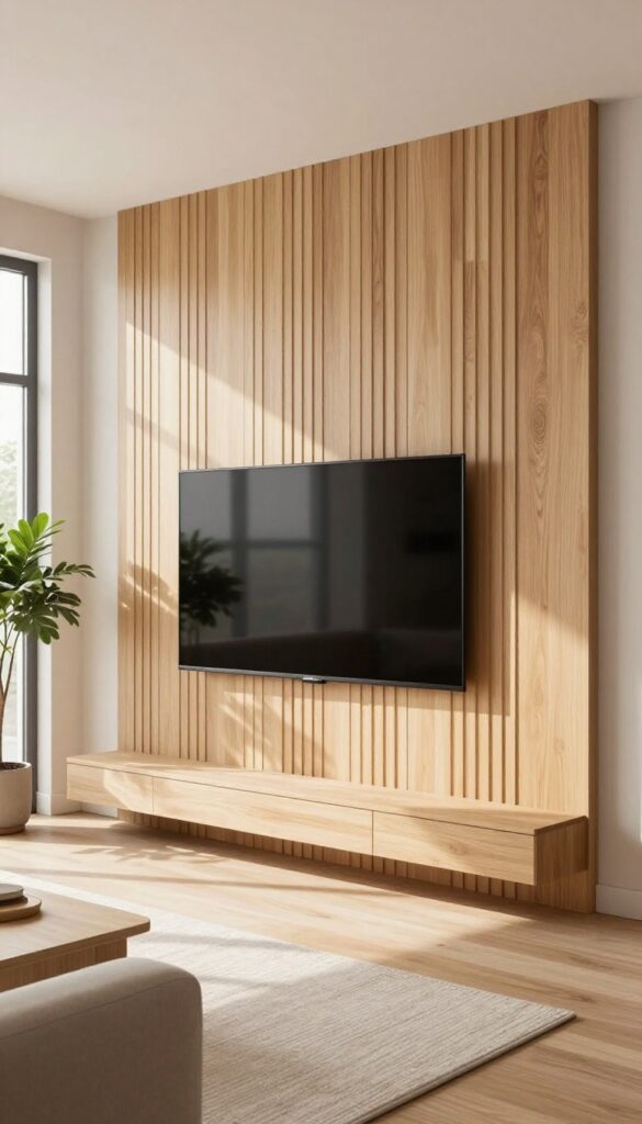 Bright modern living room with a flat-screen TV mounted on a light oak vertical slat accent wall, soft backlighting behind the screen, neutral sofa and plant in a clean, airy space.