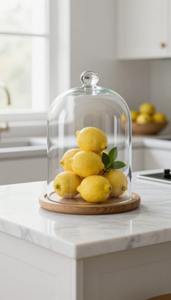 Large glass cloche with stacked lemons and greenery on a wooden base on a marble kitchen island in bright natural light.