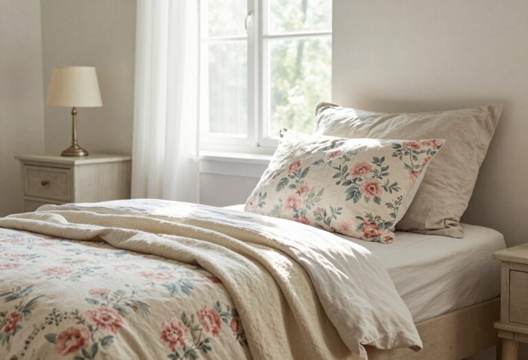 Cozy vintage bedroom with pastel rose floral bedding, neutral pillows, and a cream throw blanket in bright natural light