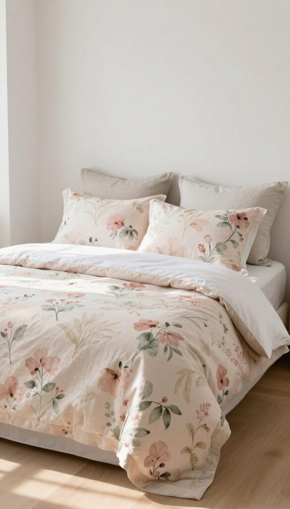 Bright bedroom with a bed styled in soft watercolor floral bedding in blush pink and sage green, layered with a neutral throw and white sheets in natural morning light.