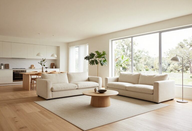 Bright open concept living room with a neutral area rug defining the seating zone and seamless flow into the dining area