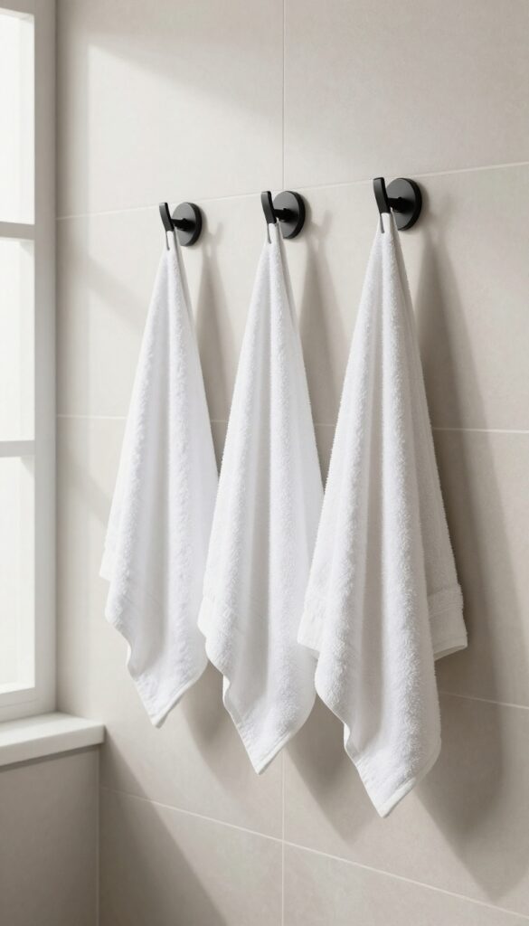 Three evenly spaced matte black wall hooks each holding one folded white hand towel in a bright modern bathroom, styled with natural light and clean negative space