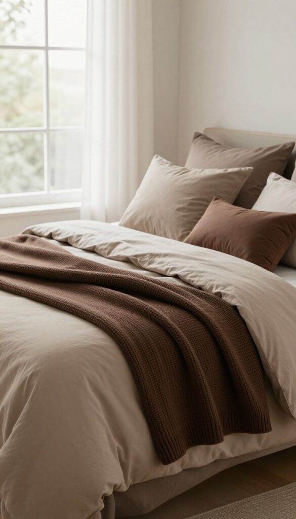 Cozy bedroom bed layered with taupe, mocha, and chocolate brown bedding, including a knit throw and textured pillows in bright natural light.