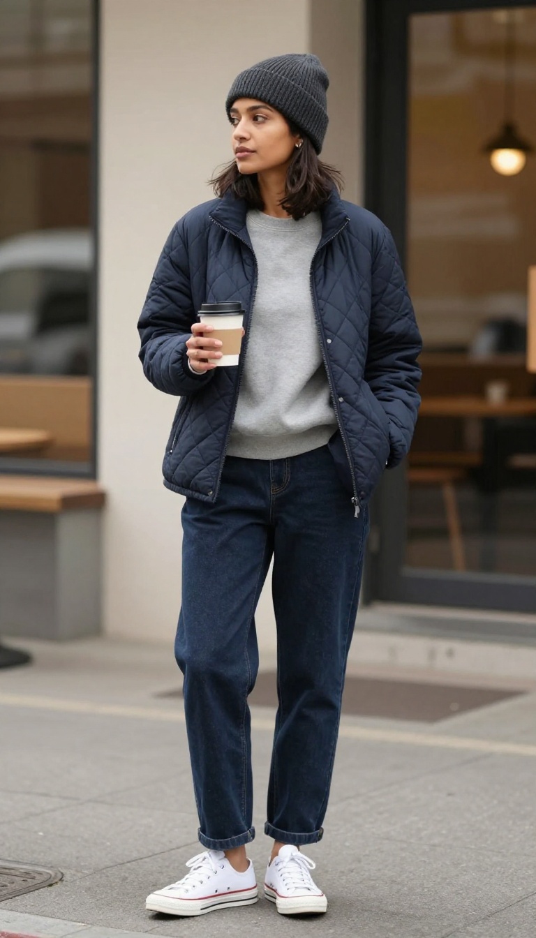 8. Quilted Jacket and Saia Jeans for Chilly Mornings