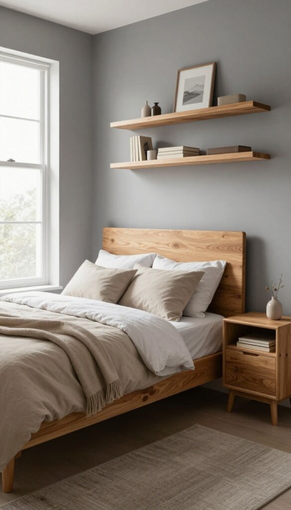Bright grey bedroom with a warm oak headboard, wooden nightstand, neutral bedding, and soft natural light highlighting the wood accents for a cozy modern look