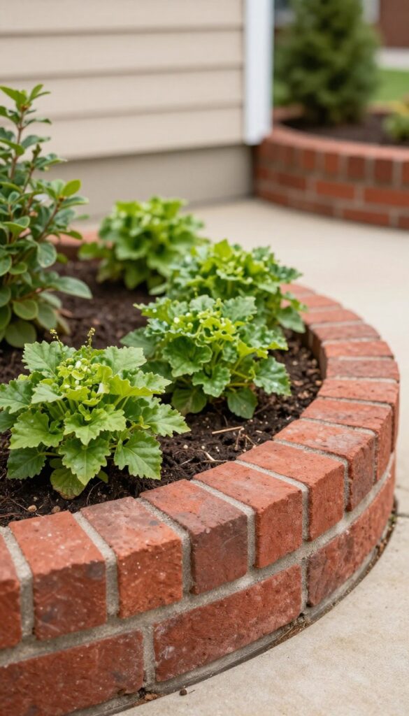 Raised brick flower bed with a curved border framing green plants and flowers in a sunny front yard