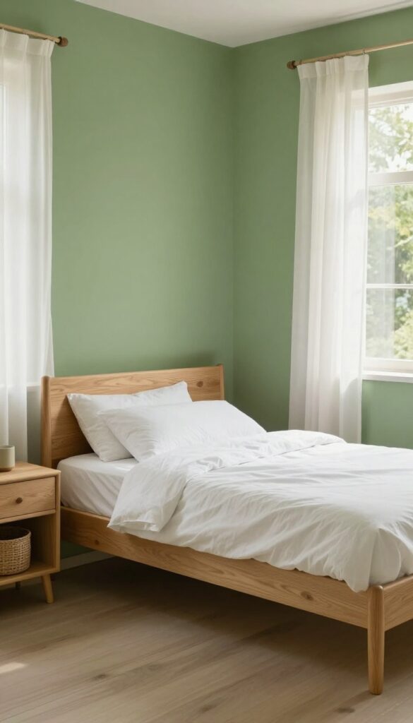 Forest green bedroom with natural wood bed frame and nightstand, white bedding, woven baskets, and soft daylight for a calm, grounded look