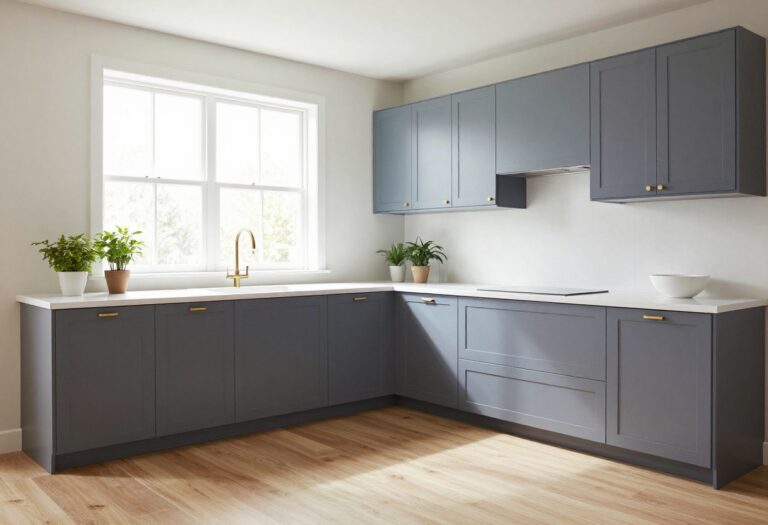 Bright modern kitchen with two-tone grey lower cabinets and dusty blue upper cabinets in natural light