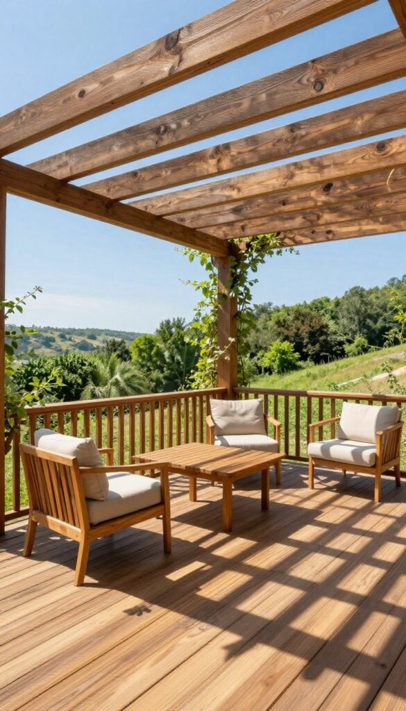 Elevated wooden deck with a pergola providing partial shade over outdoor seating, overlooking a scenic hillside view in bright natural light
