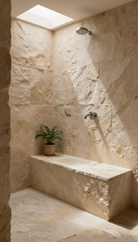 Rustic walk-in shower with a built-in natural stone bench, warm neutral stone tiles, bright natural light, and a small potted plant for a calm spa-like feel.