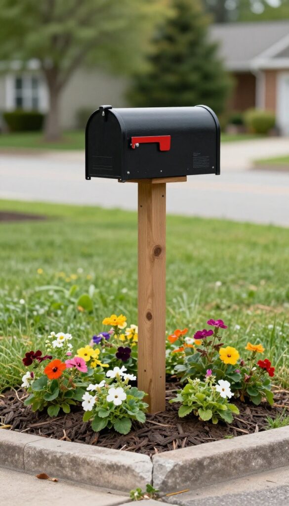 Black metal mailbox on a wooden post surrounded by a small circular flower bed of low-growing colorful flowers and fresh mulch in a green lawn
