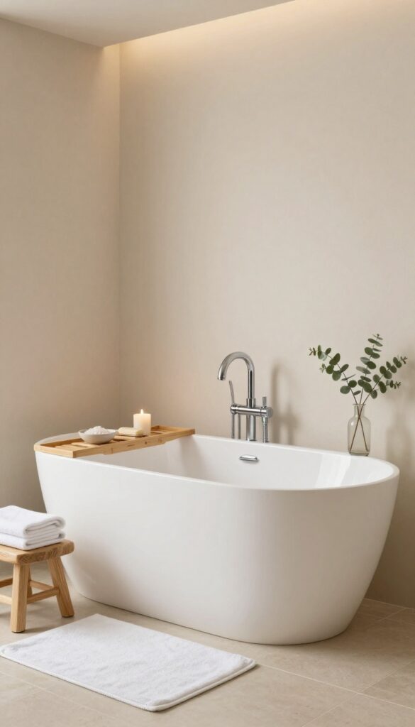 Bright spa-like bathroom tub area styled with a bamboo tray holding bath salts and a candle, a modern wall-mounted faucet, a small wooden stool with a folded towel, and a soft neutral bath mat