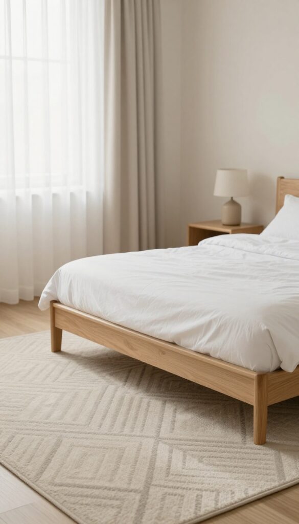 Cozy bedroom with a subtle small-scale geometric patterned carpet in neutral tones, simple bedding, and bright natural light
