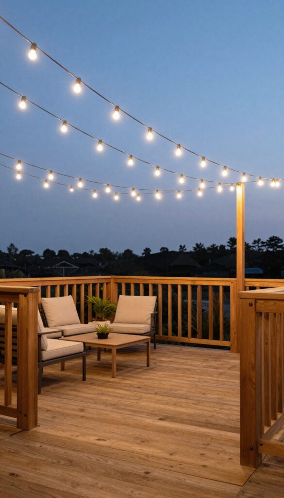 Small wooden deck at dusk with warm white string lights hung in a neat structured perimeter and diagonal layout above modern outdoor furniture