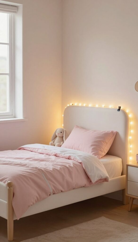 Warm white fairy lights glow behind a white toddler headboard in a pastel pink bedroom, creating a soft, calming bedtime atmosphere.