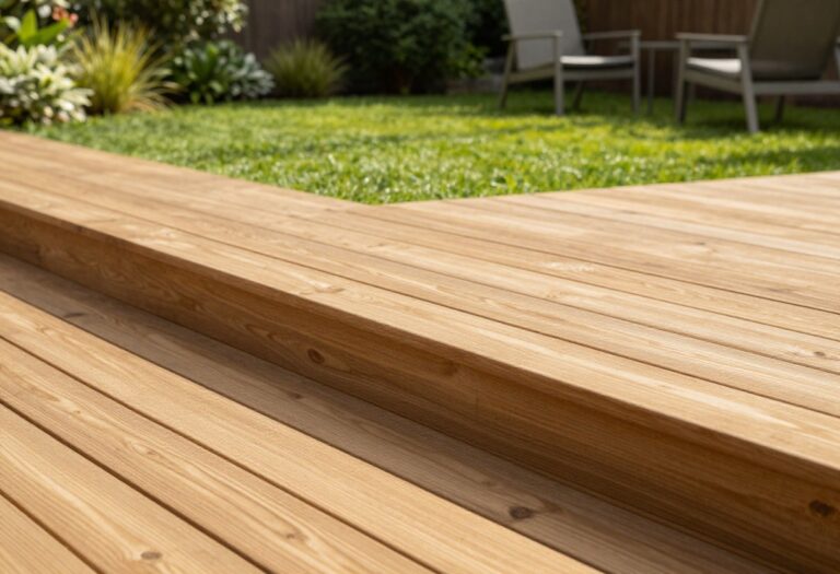 Backyard wooden deck with clean horizontal wood slat skirting for a finished modern look